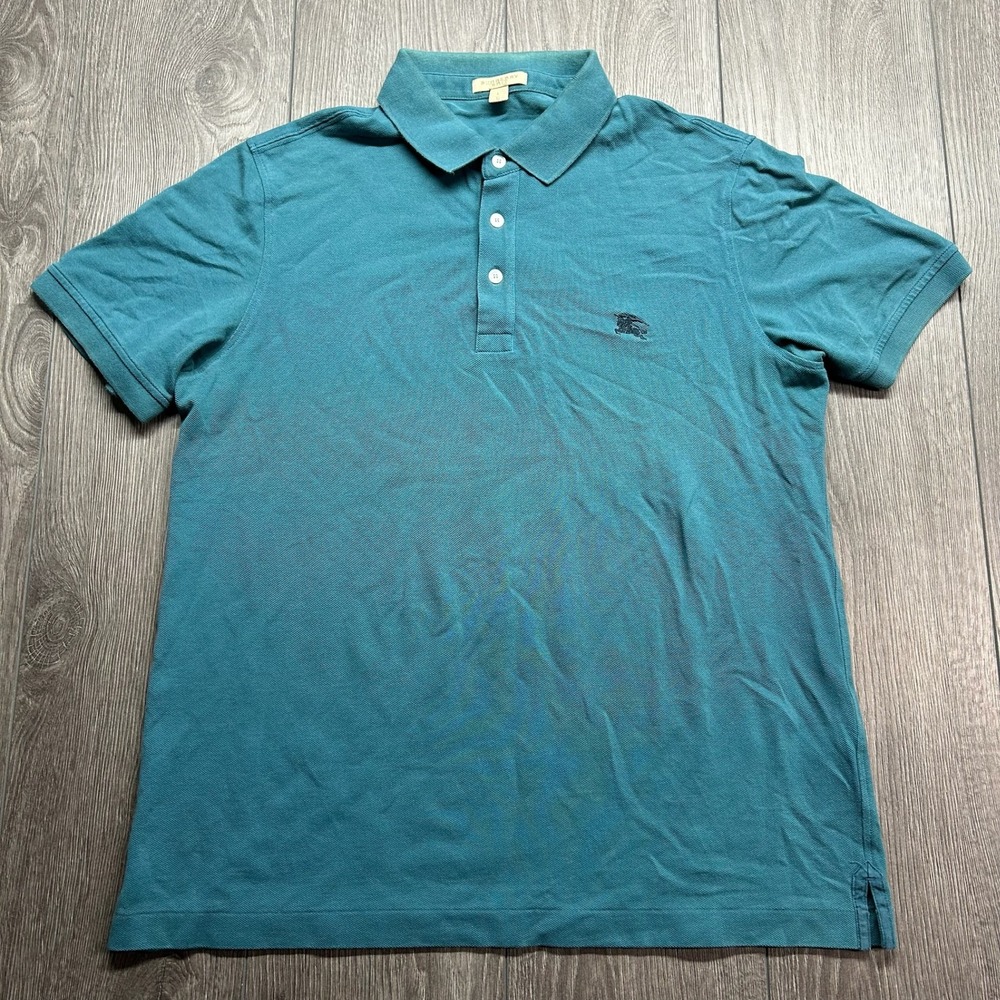 Burberry Brit Mens Large Teal Blue Pique Cotton Short Sleeve Polo Shirt Logo